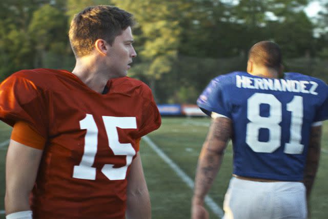 <p>FX</p> Patrick Schwarzenegger and Josh Rivera in 'American Sports Story: Aaron Hernandez'