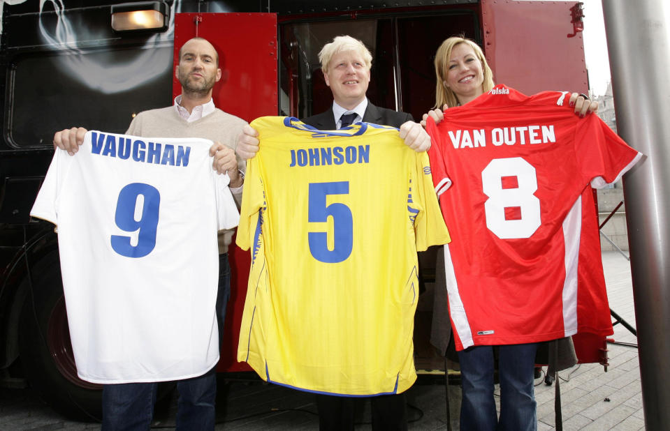 Mayor of London Boris Johnson (centre) with Capital FM Breakfast show DJ Johnny Vaughan (left) and Denise Van Outen (right) on a Routemaster bus at City Hall in London, holding the shirts of Euro 2008 football teams (left to right) Russia, Sweden and Poland which they drew from a sweepstake, in the absence of any British interest in the competition.  