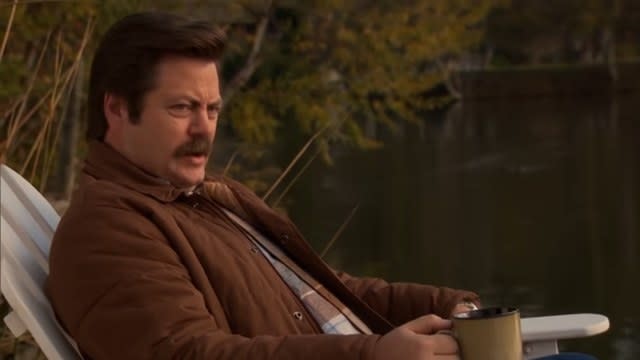 Ron sitting by the lake in "Parks and Recreation"