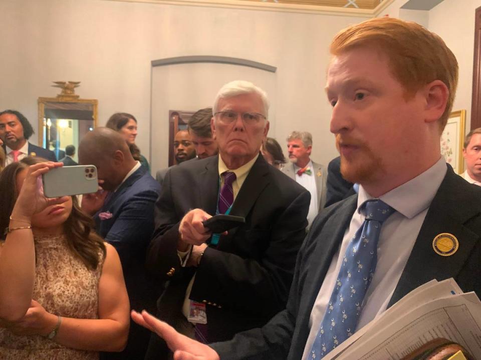 State Rep. Josiah Magnuson, R-Spartanburg, and member of the S.C. House Freedom Caucus, speaks to reporters after stopping a health agency merger bill on Thursday, May 9, 2024.
