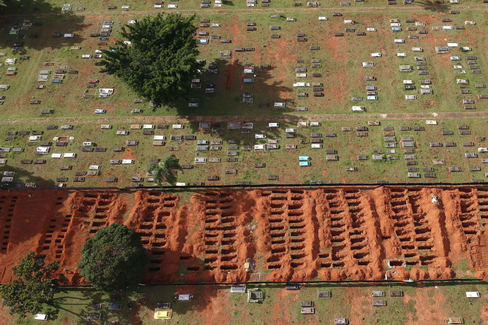 Rows of graves stand freshly dug at the Campo da Esperanca cemetery, in Brasilia, Brazil, Tuesday, March 23, 2021. The nation had an average of 2,235 deaths a day last week – the highest since the beginning of the pandemic. (AP Photo/Eraldo Peres)
