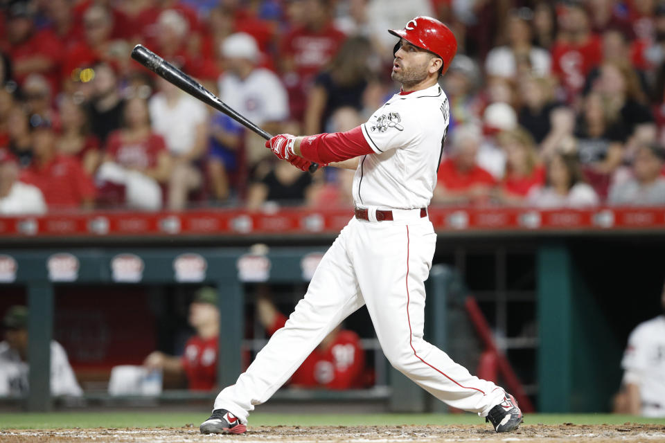 CINCINNATI, OH - AUGUST 09: Joey Votto #19 of the Cincinnati Reds hits a solo home run in the sixth inning against the Chicago Cubs at Great American Ball Park on August 9, 2019 in Cincinnati, Ohio. The Reds won 5-2. (Photo by Joe Robbins/Getty Images)