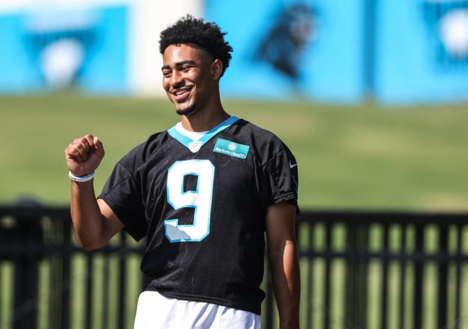 Carolina Panthers Bryce Young arrives to Panthers Training Camp at Wofford College in Spartanburg, SC., on Wednesday, July 26, 2023.