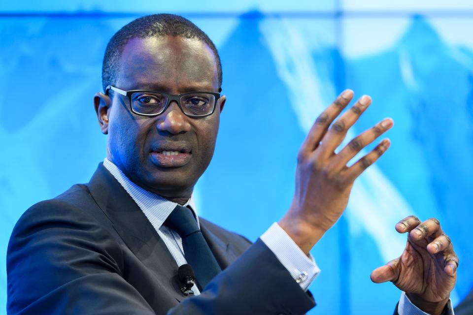 Credit Suisse's Chief Executive Officer (CEO) Tidjane Thiam gestures during a pannel "Size Matters: The Future of Big Business" on January 17, 2017 in Davos on the first day of the World Economic Forum. The global elite begin a week of earnest debate and Alpine partying in the Swiss ski resort of Davos on January 17, 2017 in a week bookended by two presidential speeches of historic import. / AFP / FABRICE COFFRINI        (Photo credit should read FABRICE COFFRINI/AFP via Getty Images)