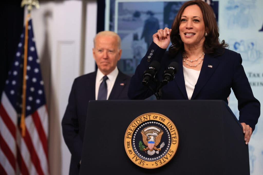 U.S. Vice President Kamala Harris and President Joe Biden deliver remarks on the day tens of millions of parents will get their first monthly Child Tax Credit relief payments in the South Court Auditorium in the Eisenhower Executive Office Building on July 15, 2021 in Washington, DC. (Photo by Chip Somodevilla/Getty Images)