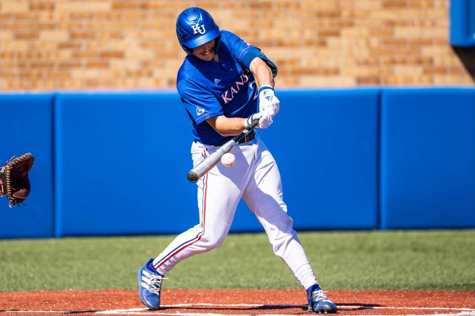 Cole Elvis swings at a pitch during a Kansas baseball game Wednesday in Lawrence against Texas Southern.