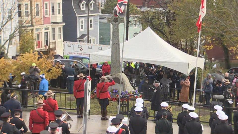 Representatives from the RCMP are pictured here saluting the Sergeants' Memorial after laying a wreath.