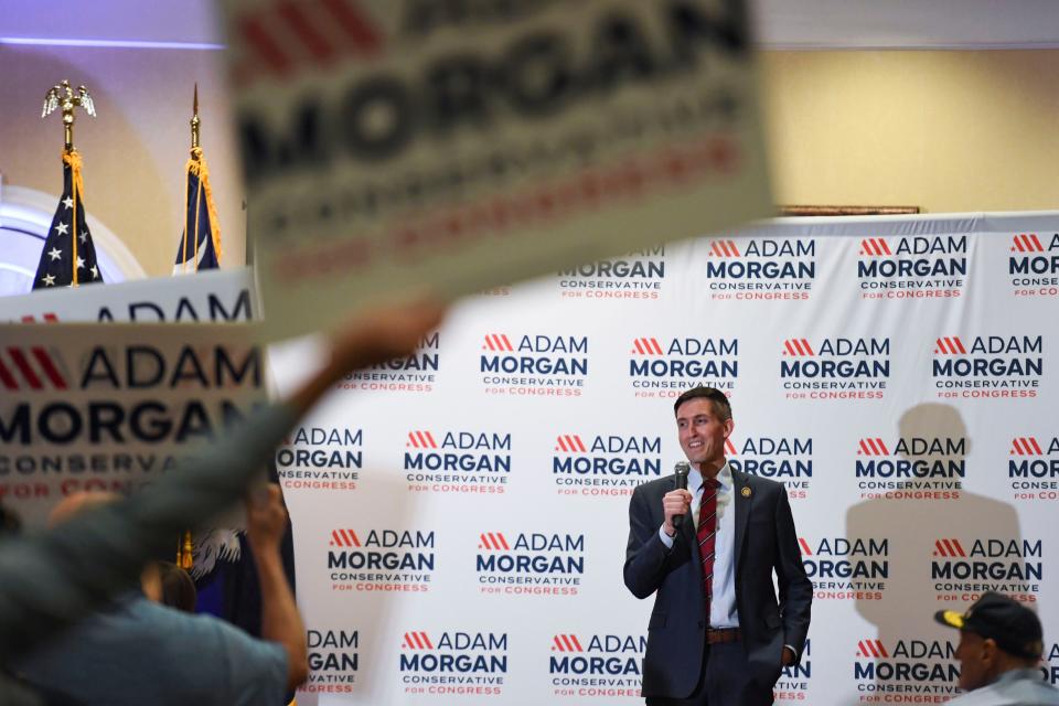 State Rep. Adam Morgan is greeted by supporters during a rally in support of Morgan's campaign against incumbent President William Timmons at the Marriott in Greenville, SC on Tuesday, April 23, 2024.