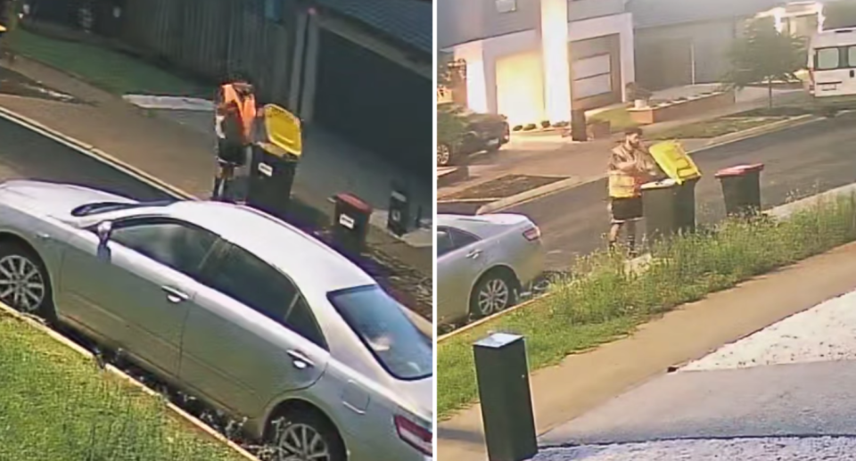 The man dumping rubbish into yellow lid recycling bins.