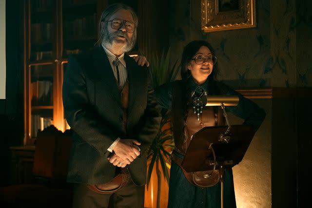 <p>Christos Kalohoridis/Netflix</p> (L to R) Nick Offerman as Dr. Gene Thibedeau, Megan Mullally as Dr. Jean Thibedeau on 'The Umbrella Academy'.