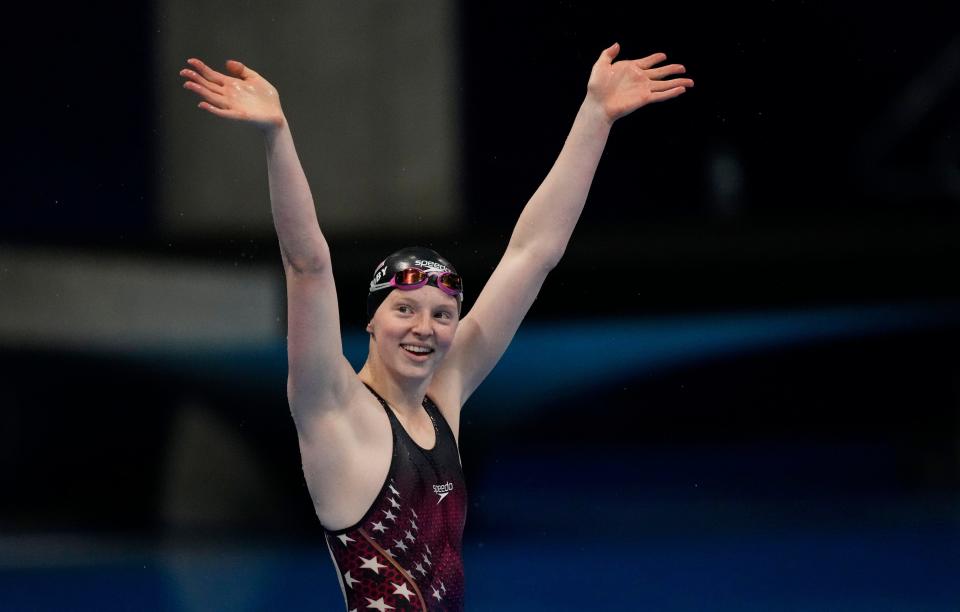 Lydia Jacoby celebrates after winning the women's 100-meter breaststroke final during the Tokyo Olympics.