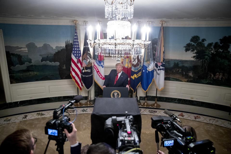 President Donald Trump speaks in the Diplomatic Room of the White House in Washington, Sunday, Oct. 27, 2019, to announce that Islamic State leader Abu Bakr al-Baghdadi has been killed during a US raid in Syria. (AP Photo/Andrew Harnik)