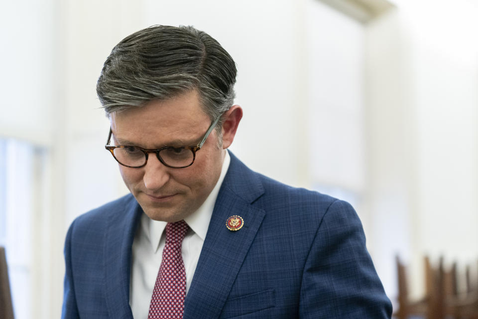 Rep. Mike Johnson, R-La., steps out as Republicans meet to decide who to nominate to be the new House speaker, on Capitol Hill in Washington, Tuesday, Oct. 24, 2023. (AP Photo/Stephanie Scarbrough)