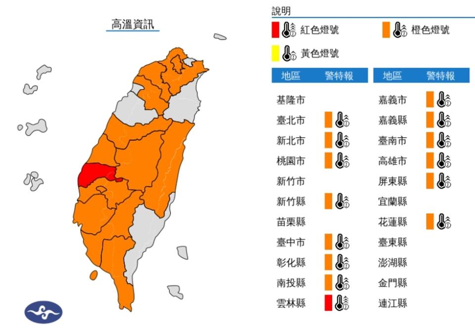 今日各地天氣高溫炎熱，雲林縣為紅色燈號，有連續出現38度極端高溫的可能。（氣象署提供）