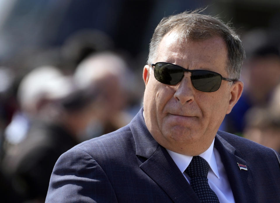 FILE - Bosnian Serb member of the tripartite Presidency of Bosnia Milorad Dodik watches military exercises on Batajnica, military airport near Belgrade, Serbia, Saturday, April 30, 2022. The leader of Bosnian Serbs said Sunday, June 26, 2022 he hoped Donald Trump would return to power in the United States and that the Serbs will "wait for appropriate global circumstances" in order to reach their goal secede from Bosnia which he said is an "unsustainable state." (AP Photo/Darko Vojinovic, File)