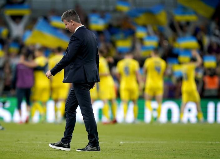 Republic of Ireland manager Stephen Kenny looks dejected after seeing his side slip to Nations League defeat by Ukraine (Niall Carson/PA) (PA Wire)
