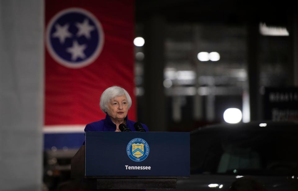 Secretary of Treasury Janet L. Yellen speaks  during her visit at Ultium Cells battery plant  in Spring Hill , Tenn., Wednesday, Feb. 8, 2023. Secretary Yellen addressed the Inflation Reduction Act along with other Biden-Harris administration policies pushing towards investments in clean energy manufacturing and battery production. 