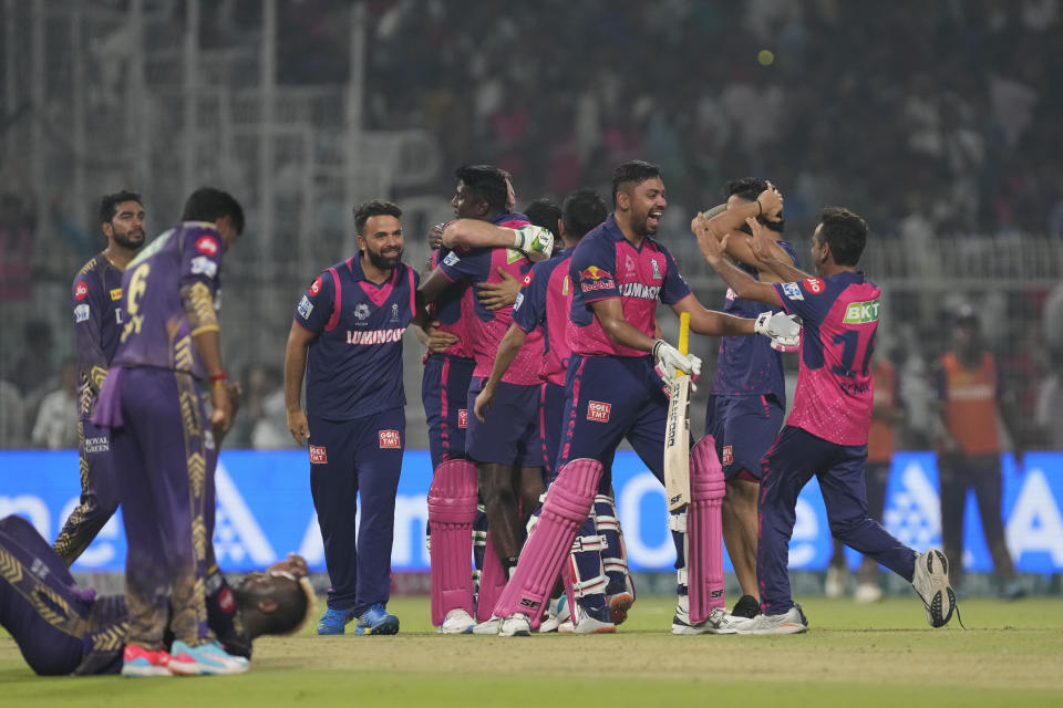 Rajasthan Royals players celebrate their win against Kolkata Knight Riders during the Indian Premier League cricket match in Kolkata, India, Tuesday, April 16, 2024. (AP Photo/Bikas Das)