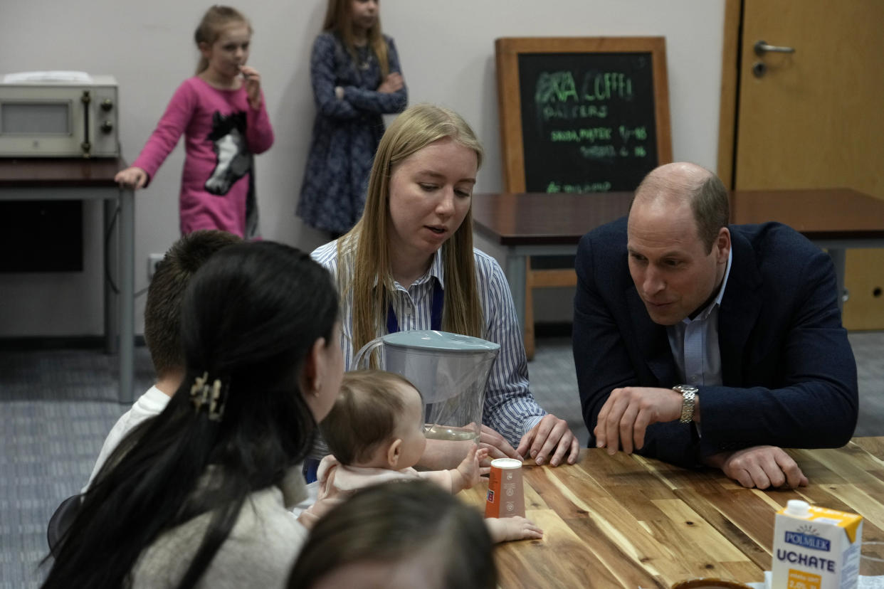 Britain's Prince William visits an accommodation centre, for Ukrainians who fled the war, in Warsaw, Poland, Wednesday, March 22, 2023. (AP Photo/Czarek Sokolowski)