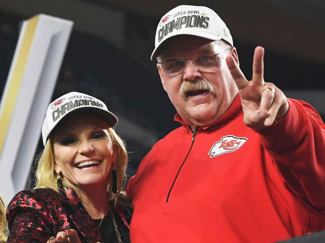 John W. McDonough/Sports Illustrated/Getty Andy Reid victorious on stage with wife Tammy after winning game vs San Francisco 49ers at Hard Rock Stadium.