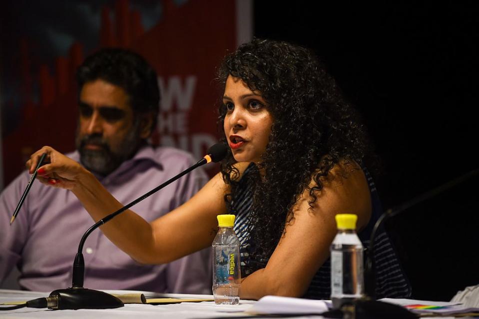 Rana Ayyub speaks during the launch of her book 'Gujarat Files' in New Delhi on May 27, 2016.<span class="copyright">CHANDAN KHANNA/AFP via Getty Images</span>