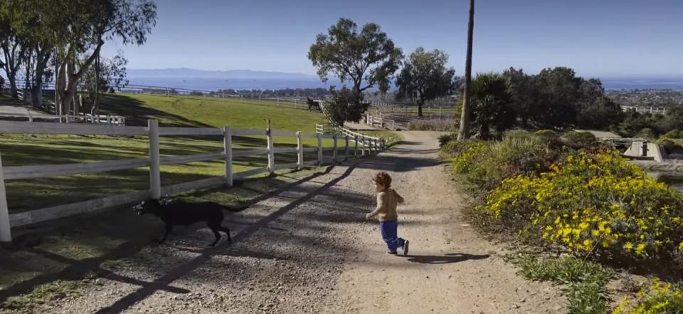 <p>A still of this video shows Archie running after one of the family's dogs on a dirt road in California. </p>