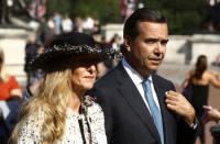 Antonio Horta Osorio, CEO of Lloyds Banking Group, and his wife Ana arrive at a garden party at Buckingham Palace, London, May 22, 2018. REUTERS/Simon Dawson