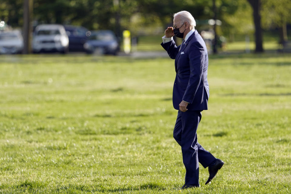 President Joe Biden walks to board Marine One on the Ellipse Friday, April 16, 2021, in Washington. (AP Photo/Andrew Harnik)