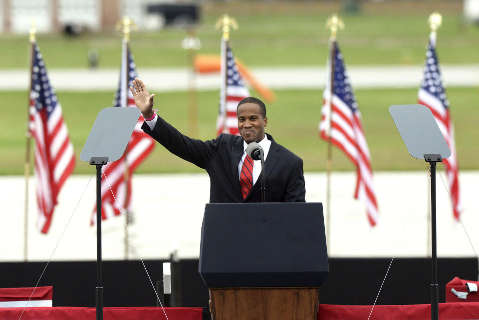 Republican Senate candidate John James speaks during a rally for President Donald Trump at MBS International Airport on Sept. 10, 2020, in Freeland, Mich. (Jose Juarez / AP file)