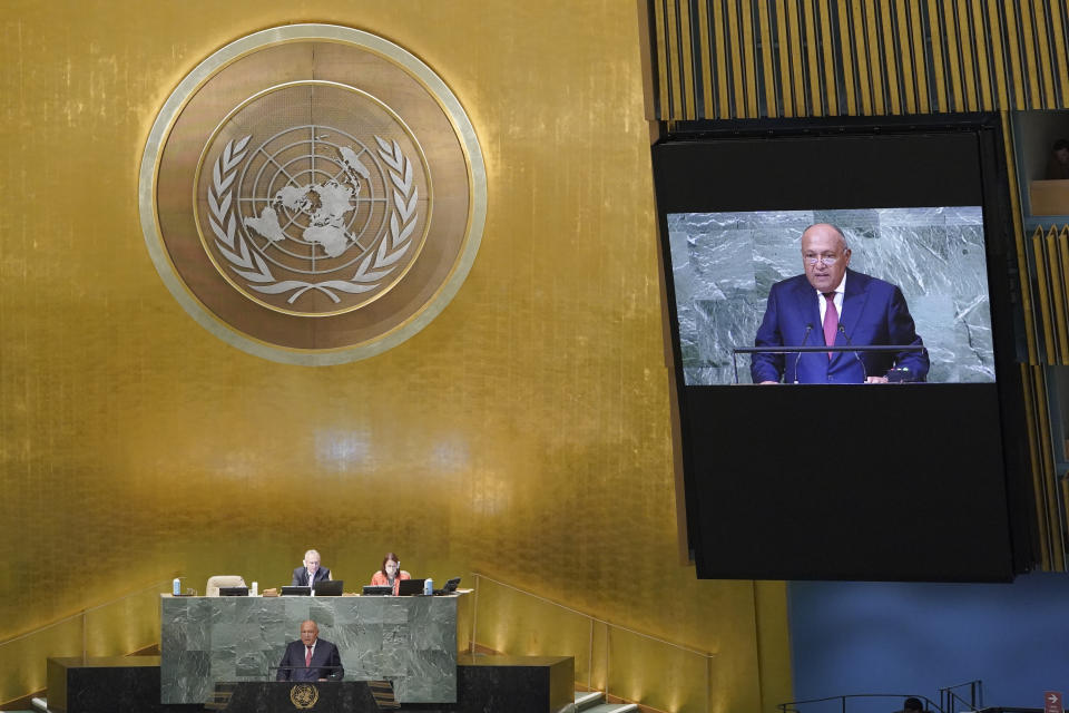 Foreign Minister of Egypt Sameh Hassan Shoukry Selim addresses the 77th session of the United Nations General Assembly, Saturday, Sept. 24, 2022 at U.N. headquarters. (AP Photo/Mary Altaffer)