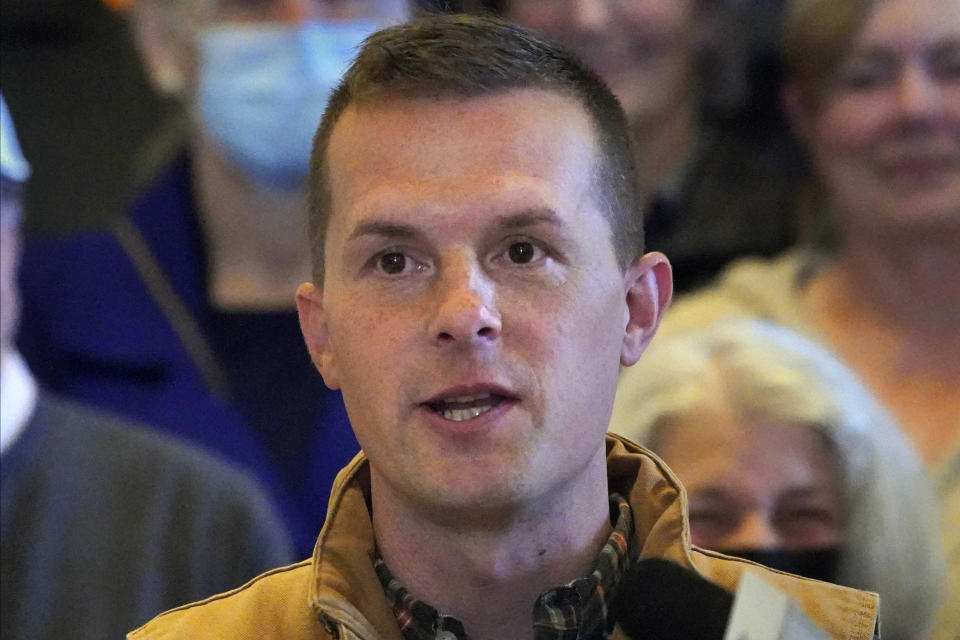 FILE - Rep. Jared Golden, D-Maine, speaks at a news conference on Nov. 1, 2022, at the State House in Augusta, Maine. Golden, who is seeking reelection, is being challenged by Republican Bruce Poliquin. (AP Photo/Robert F. Bukaty)