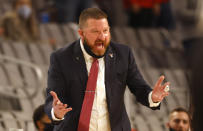 Texas Tech head coach Chris Beard reacts as Tech plays against Houston during the second half of an NCAA college basketball game, Sunday, Nov. 29, 2020, in Fort Worth, Texas. (AP Photo/Ron Jenkins)