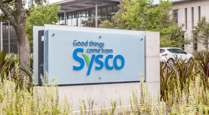 Sysco (SYY) logo on a sign with company headquarters in Houston in the background.