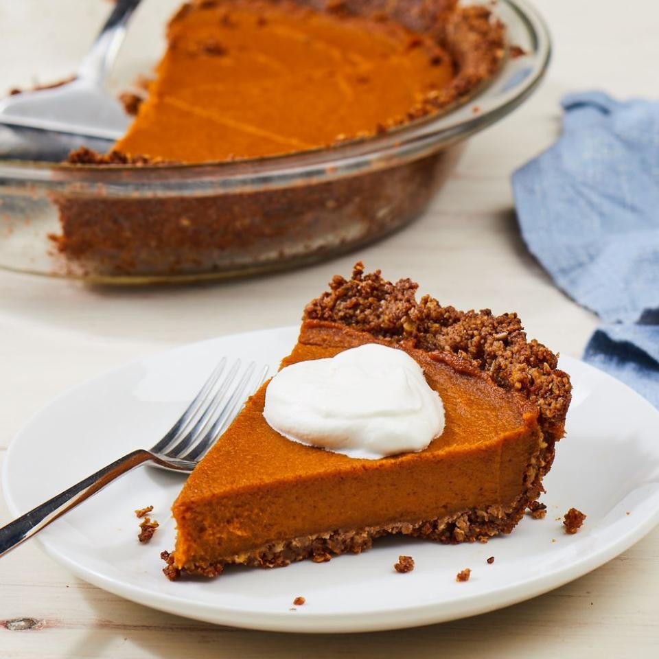 <p>For most people, <a href="https://www.delish.com/cooking/recipe-ideas/recipes/a55688/easy-homemade-pumpkin-pie-recipe-from-scratch/" rel="nofollow noopener" target="_blank" data-ylk="slk:pumpkin pie;elm:context_link;itc:0;sec:content-canvas" class="link ">pumpkin pie</a> at Thanksgiving is non-negotiable. We agree! This version is every bit as good as the classic, bursting with fall flavors and dolloped with ultra-silky homemade coconut whipped cream. Word to the vegans: This pie is so good, you might want to stash a slice to yourself before the whole fam gets to it. 😉</p><p>Get the <strong><a href="https://www.delish.com/cooking/recipe-ideas/a28449365/vegan-pumpkin-pie-recipe/" rel="nofollow noopener" target="_blank" data-ylk="slk:Vegan Pumpkin Pie recipe;elm:context_link;itc:0;sec:content-canvas" class="link ">Vegan Pumpkin Pie recipe</a></strong>.</p>