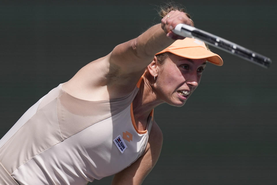 Elise Mertens, of Belgium, serves to Coco Gauff, of the United States, at the BNP Paribas Open tennis tournament, Wednesday, March 13, 2024, in Indian Wells, Calif. (AP Photo/Mark J. Terrill)