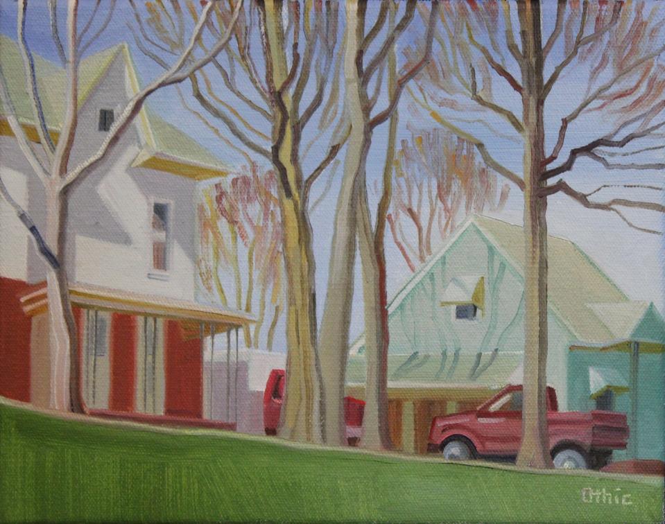 "Houses, Red Trucks" by Nora Othic, oil on canvas