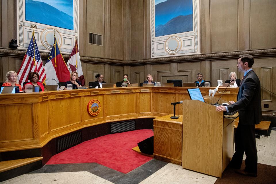 City Attorney Brad Branham addresses Asheville City Council on a panhandling ordinance August 22, 2023.