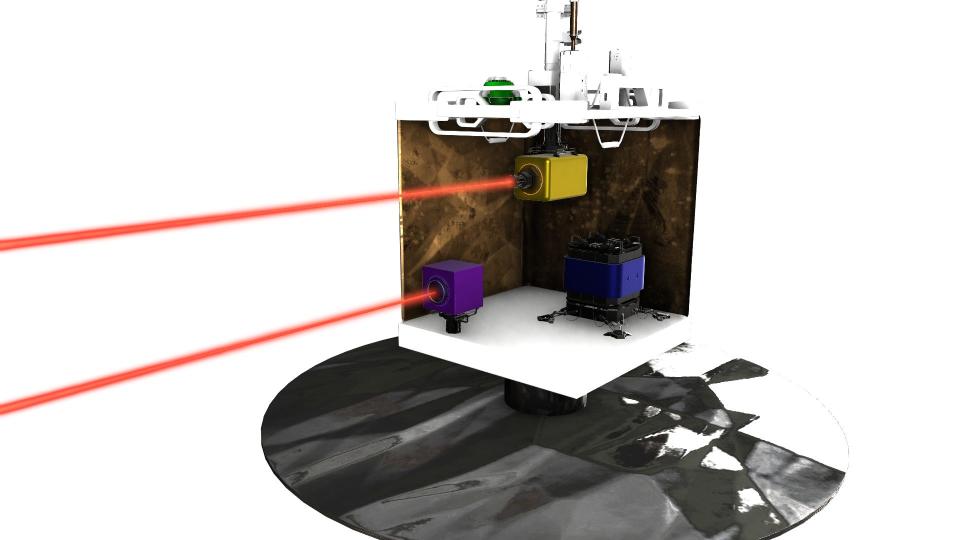 crosscut illustration of a box with three devices inside one of them shooting out a red laser and one hanging from the box ceiling receiving another red laser