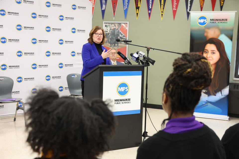 Vicki Martin, president of Milwaukee Area Technical College, speaks on Thursday at Washington High School of Information Technology about a new college access program. Milwaukee Direct Admit guarantees admission to UWM and MATC for MPS juniors who graduate on time.