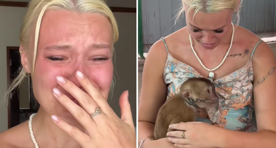 A photo of Australian influencer and singer Rory Eliza crying. Another photo of her holding a terrified monkey in her arms at the monkey show in Phuket, Thailand.