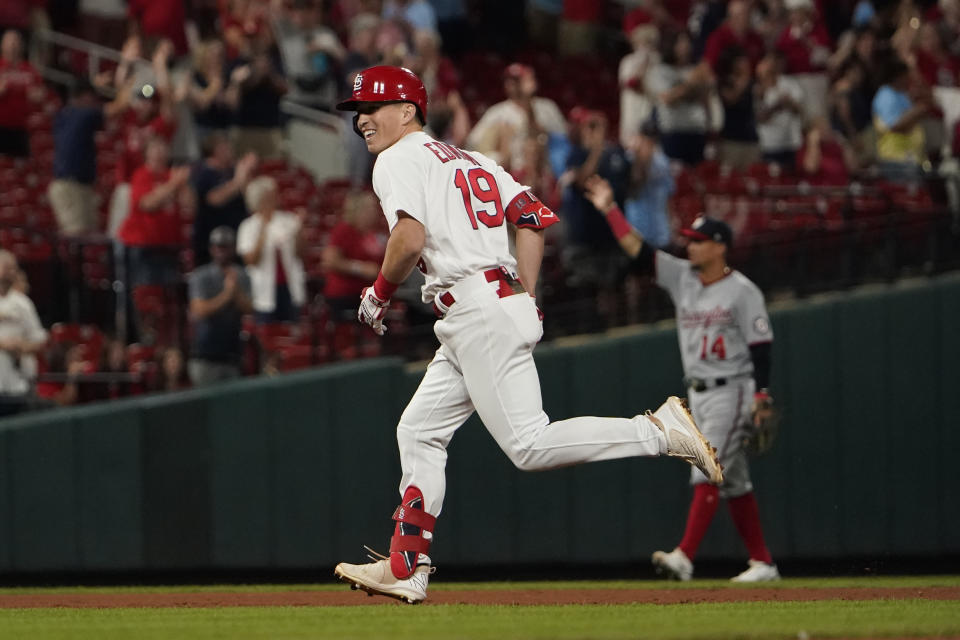 St. Louis Cardinals' Tommy Edman smiles after hitting a walk-off double to score teammates Tyler O'Neill and Ben DeLuzio, defeating the Washington Nationals 6-5 in a baseball game Wednesday, Sept. 7, 2022, in St. Louis. (AP Photo/Jeff Roberson)