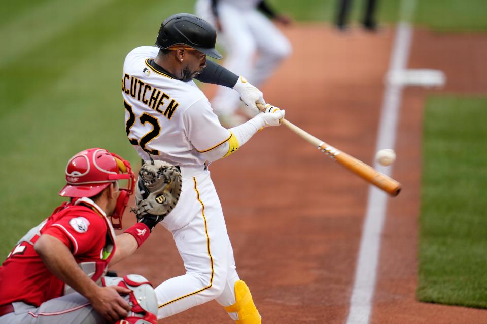 Pittsburgh Pirates' Andrew McCutchen (22) grounds out against Cincinnati Reds starting pitcher Hunter Greene (not shown) but drives in a run during the first inning of baseball game in Pittsburgh, Sunday, April 23, 2023.