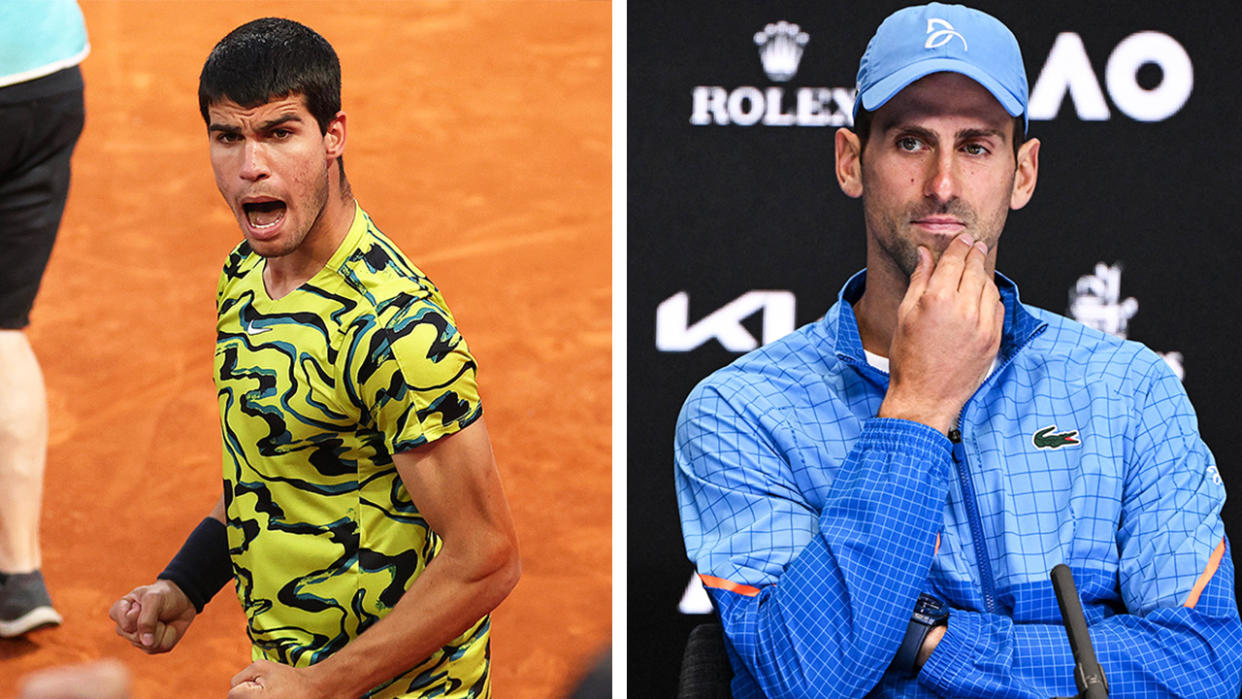 Carlos Alcaraz celebrates his Madrid Open victory and Novak Djokovic during a press conference.