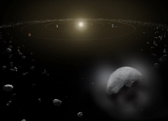 An artist's impression of the dwarf planet Ceres, which appears to have a water vapor atmosphere from outgassing on the object. Inset: The water absorption signal detected by the European Space Agency's Herschel space observatory on Oct. 11, 20