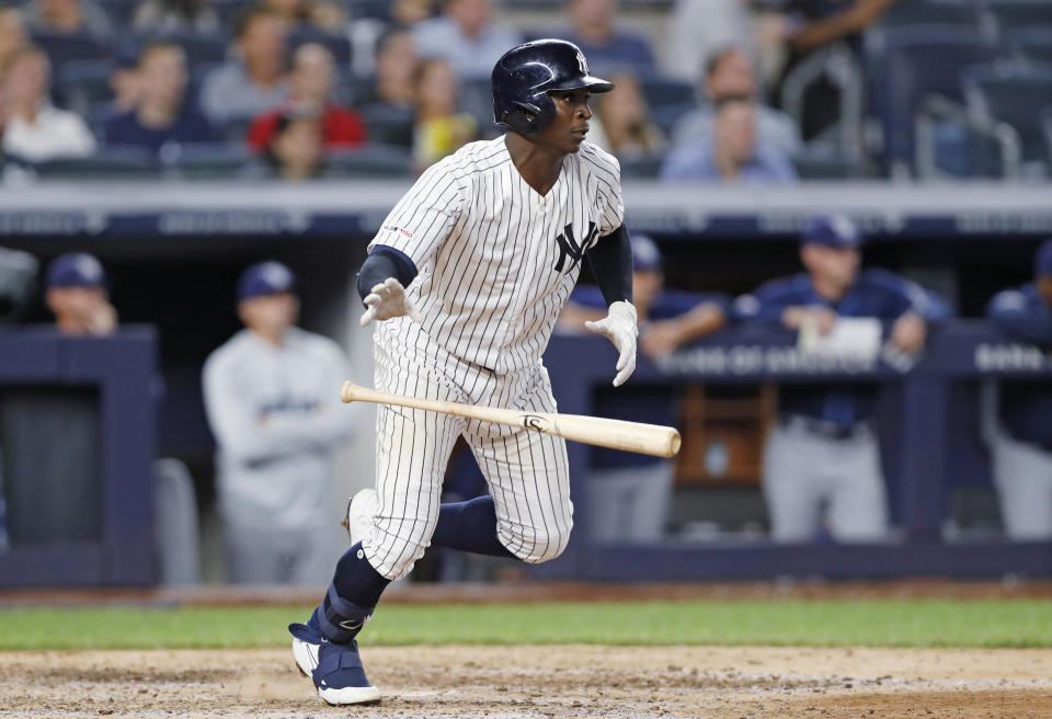 New York Yankees' Didi Gregorius heads to first on a two-run single in the second game of the baseball team's doubleheader against the Tampa Bay Rays on Thursday, July 18, 2019, in New York. (AP Photo/Kathy Willens)