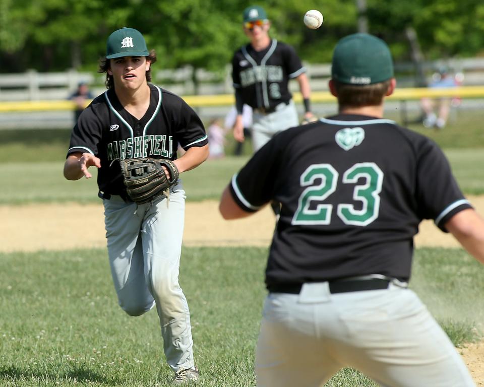 Marshfield's Sam Sullivan tosses to first for the 4-3 putout in the top of the first inning of their game against Hanover at Marshfield High School on Thursday, May 26, 2022.