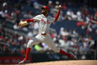 Philadelphia Phillies pitcher Cristopher Sánchez throws during the second inning of a baseball game against the Washington Nationals, Sunday, April 7, 2024, in Washington. (AP Photo/Nick Wass)