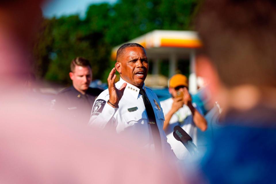 PHOTO: Charlotte-Mecklenburg Police Chief Johnny Jennings speaks at a press conference regarding an event where several officers on a task force trying to serve a warrant were shot in Charlotte, N.C., Monday, April 29, 2024. (Nell Redmond/AP)