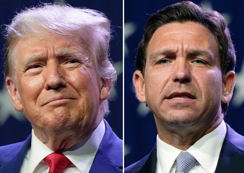 This combination of photos shows Republican presidential candidates former President Donald Trump, left, and Florida Gov. Ron DeSantis at the Republican Party of Iowa's 2023 Lincoln Dinner in Des Moines, Iowa, Friday, July 28, 2023. (AP Photo/Charlie Neibergall) ORG XMIT: WX206