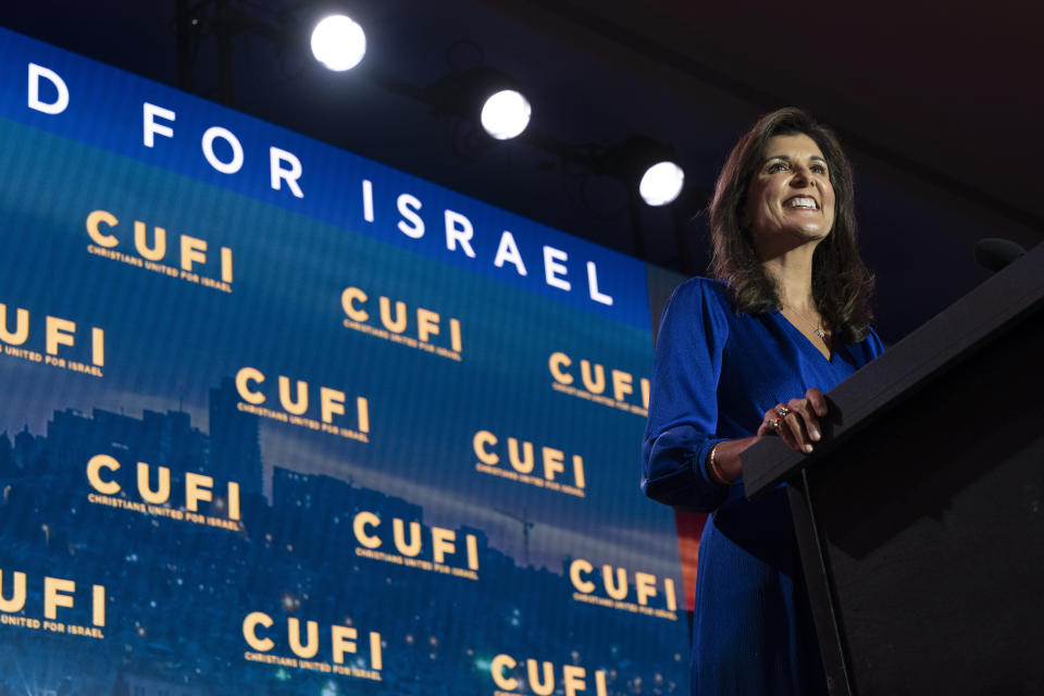 Republican presidential candidate former South Carolina Gov. Nikki Haley speaks at the Christians United For Israel (CUFI) "Night to Honor Israel" during the CUFI Summit 2023, Monday, July 17, 2023, in Arlington, Va., at the Crystal Gateway Marriott. (AP Photo/Jacquelyn Martin)